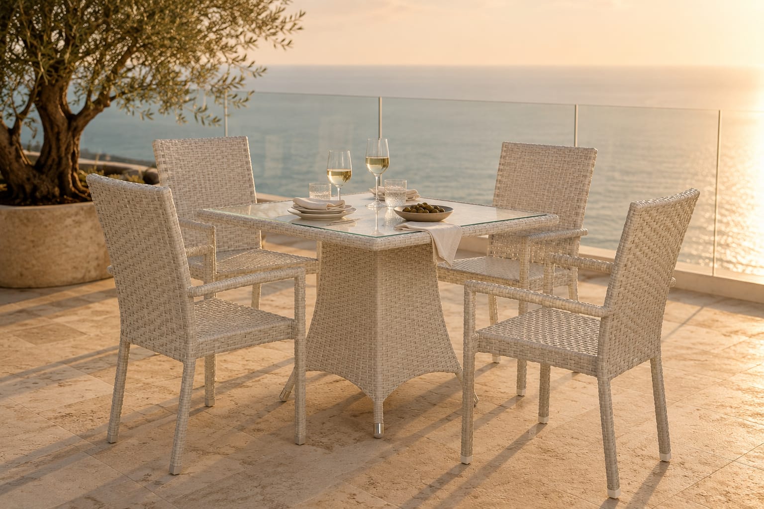 Made-to-order Mirage outdoor dining set styled on a terrace